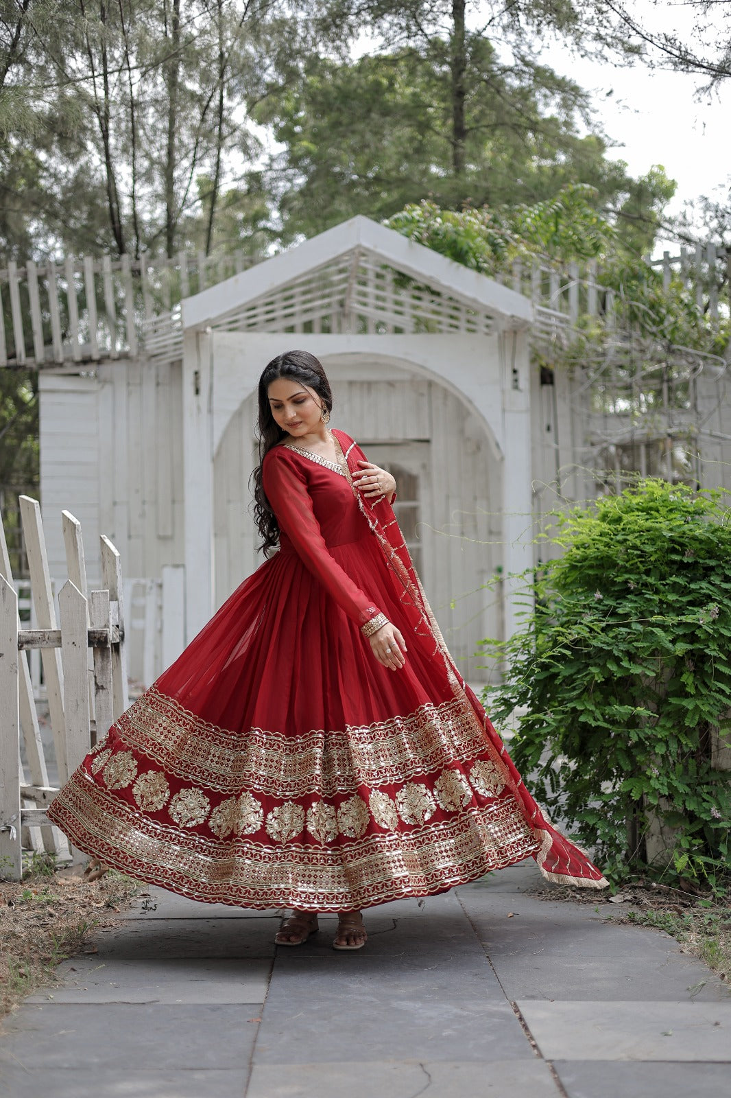 Red Lucknowi Chikankari Rayon Partywear Gown